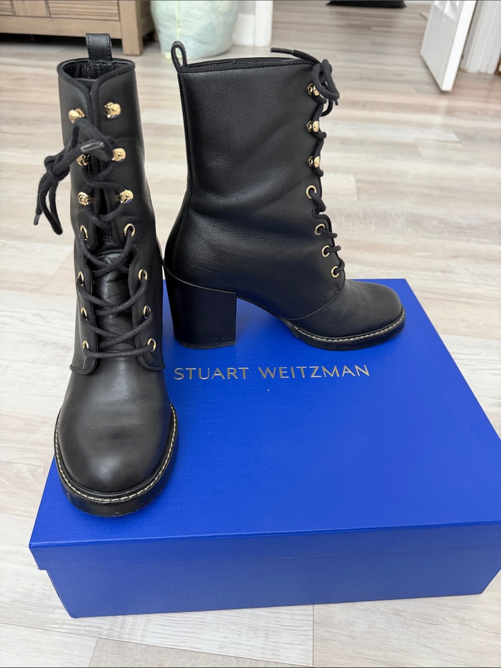 Stuart Weitzman Women’s Black Lace-Up Combat Boots with Gold Eyelets